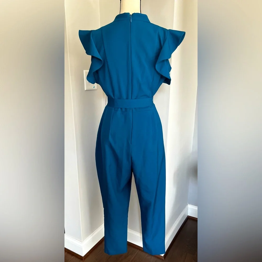 Women’s Blue Ruffle Sleeve Jumpsuit with Belt - Picture 3 of 6